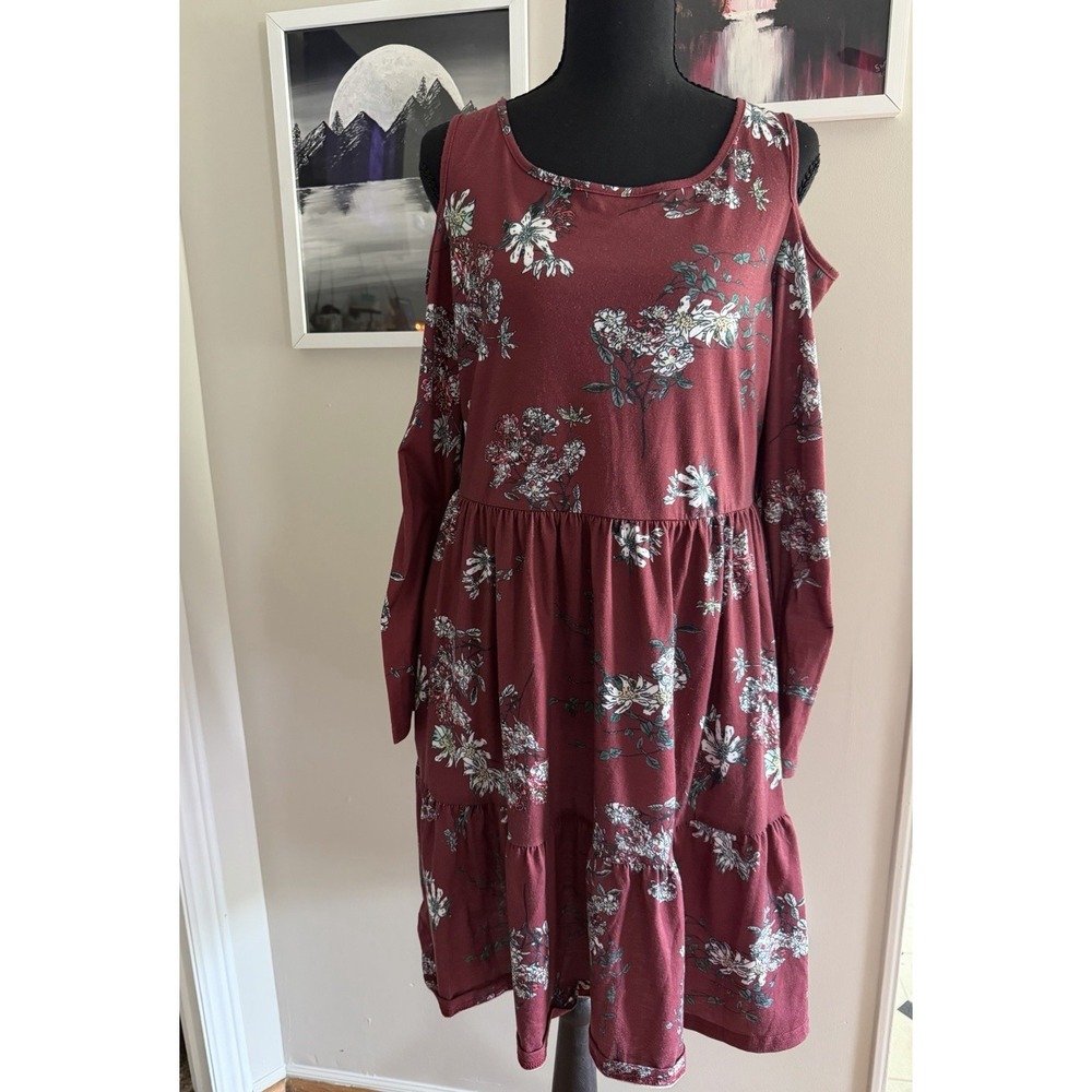 YATHON Burgundy Floral Cold Shoulder Fit & Flare Dress Long Sleeve XL